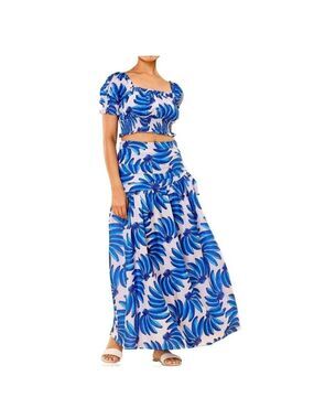 Elegant Blue Leaf Print Skirt Set